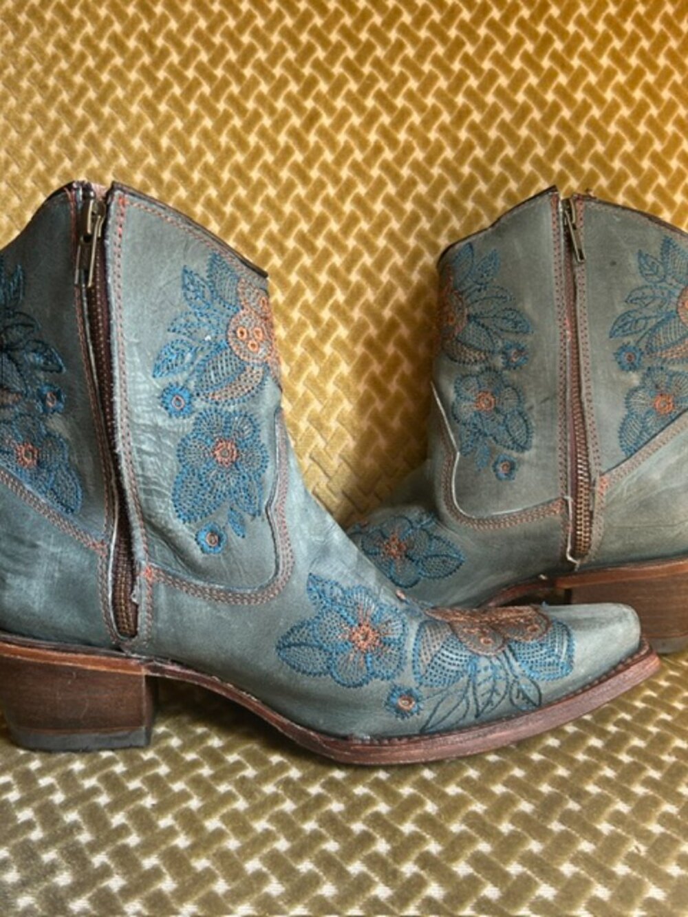 Corral Rich Blue Leather Flower Embroidered Zip Ankle Snip Western Booties NEW - Picture 14 of 16